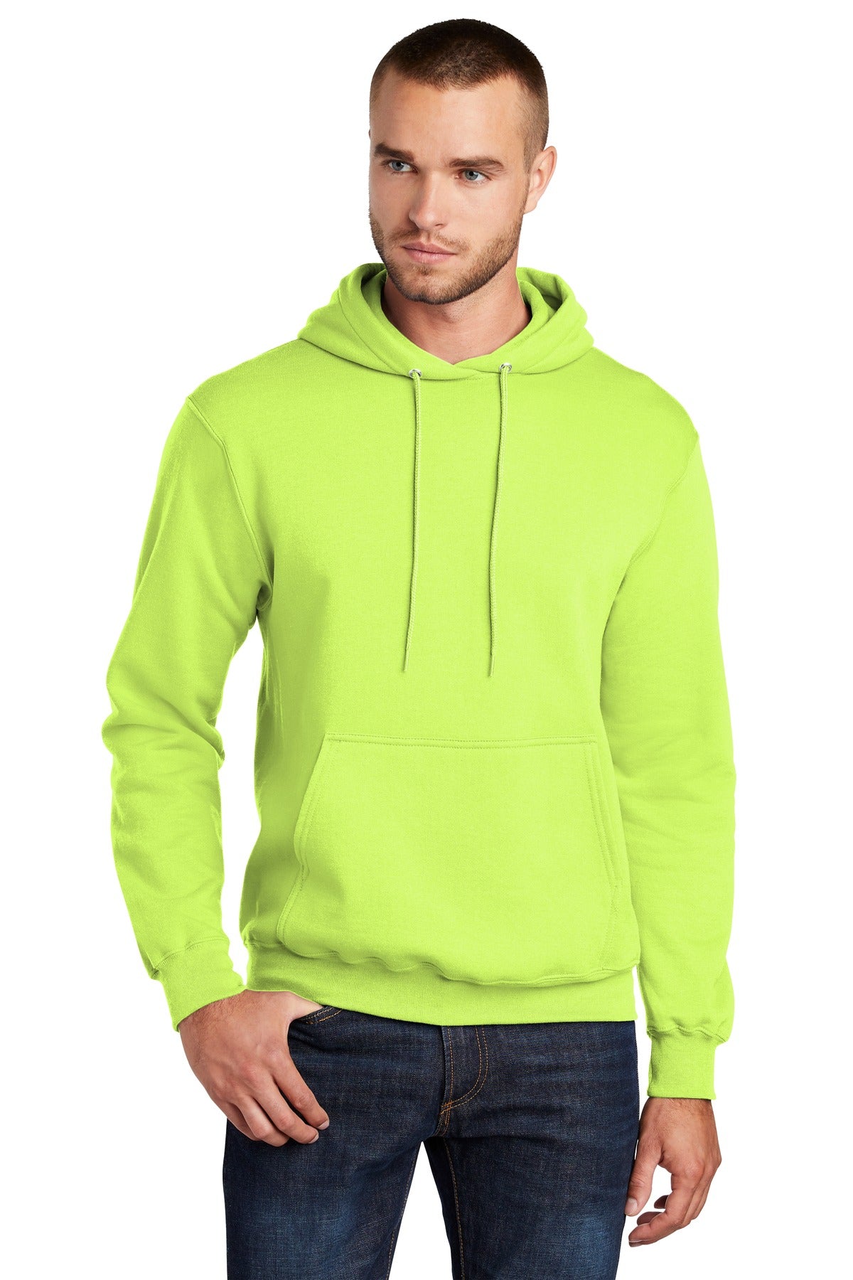 Front View of Neon Yellow Port & Co Core Fleece Pullover Hooded Sweatshirt. PC78H plain