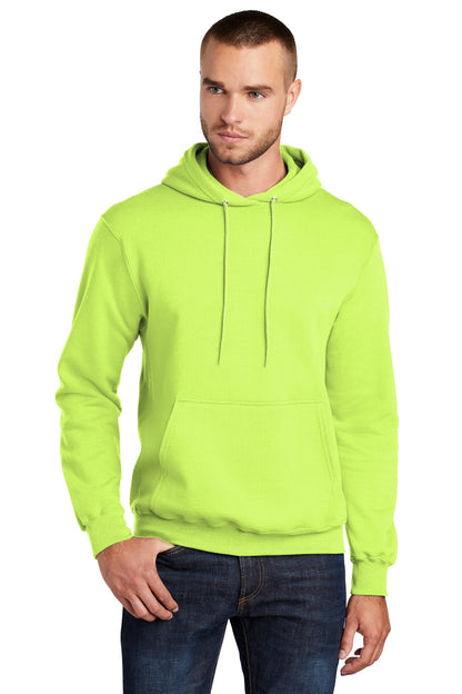 Front View of Neon Yellow Port & Co Core Fleece Pullover Hooded Sweatshirt. PC78H plain