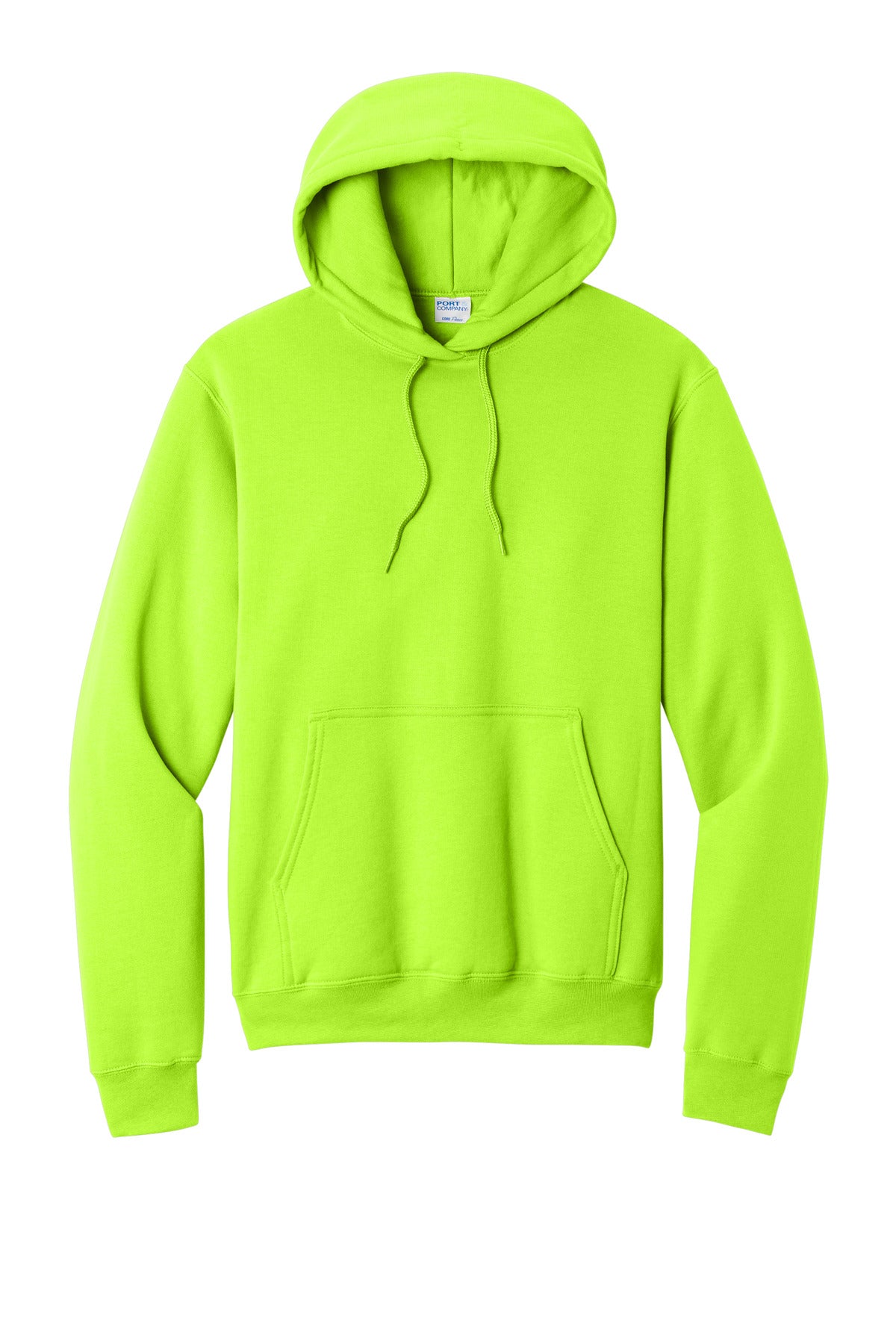 Front View of Neon Yellow Port & Co Core Fleece Pullover Hooded Sweatshirt. PC78H plain