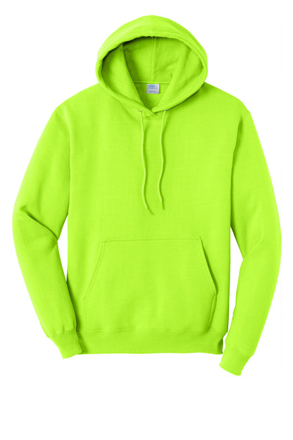 Front View of Neon Yellow Port & Co Core Fleece Pullover Hooded Sweatshirt. PC78H