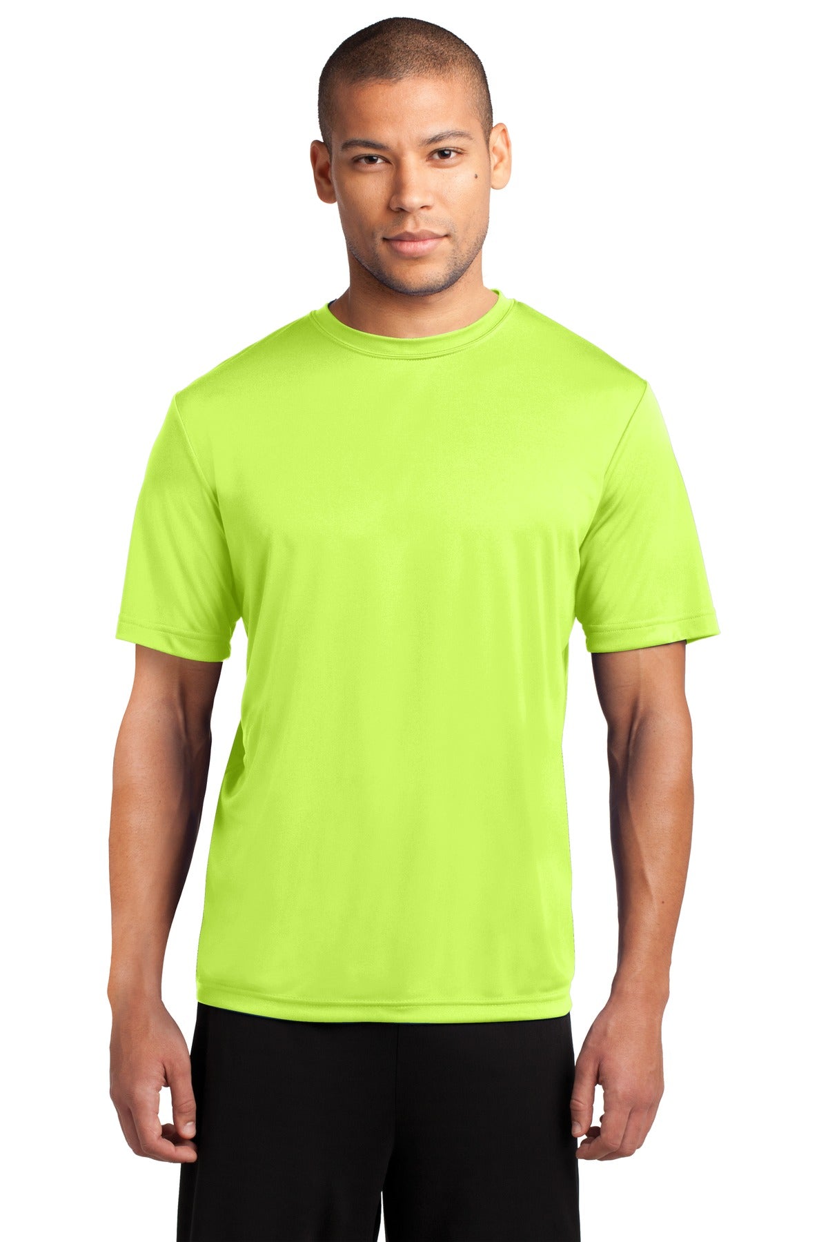 Front View of Neon Yellow Port & Co Performance Tee. PC380 plain
