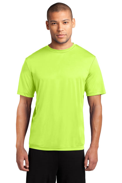 Front View of Neon Yellow Port & Co Performance Tee. PC380 plain