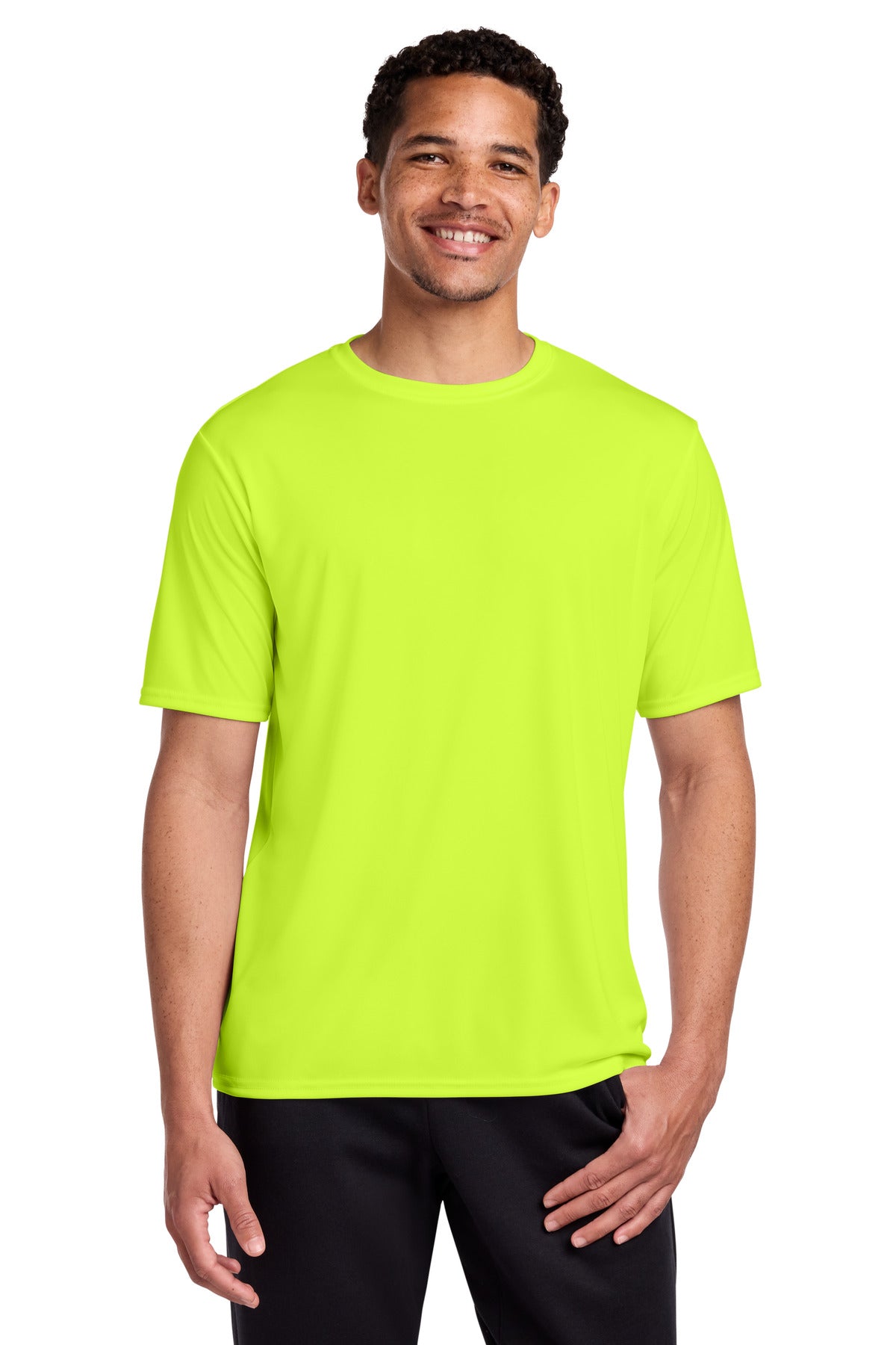 Front View of Neon Yellow Port & Co Performance Tee. PC380 plain