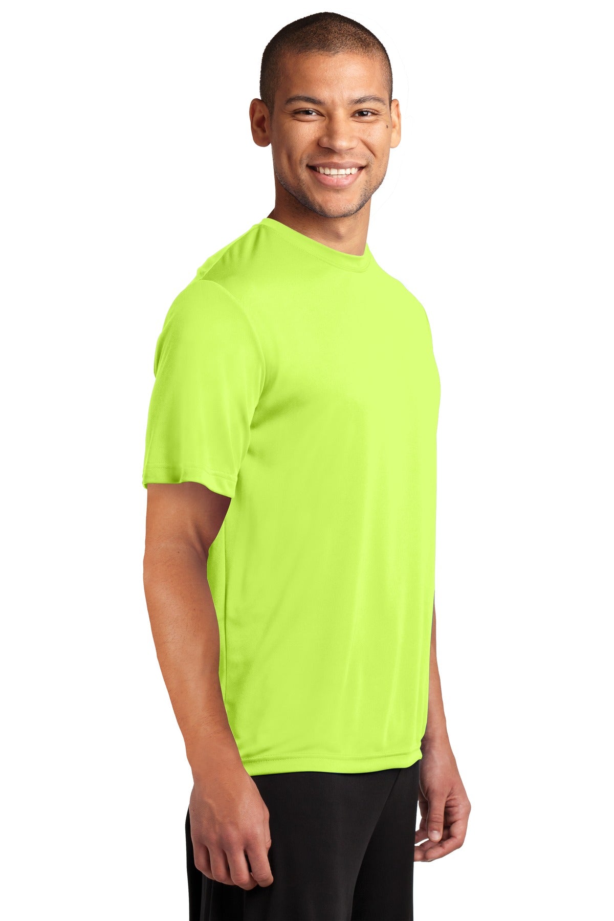 Front View of Neon Yellow Port & Co Performance Tee. PC380 plain