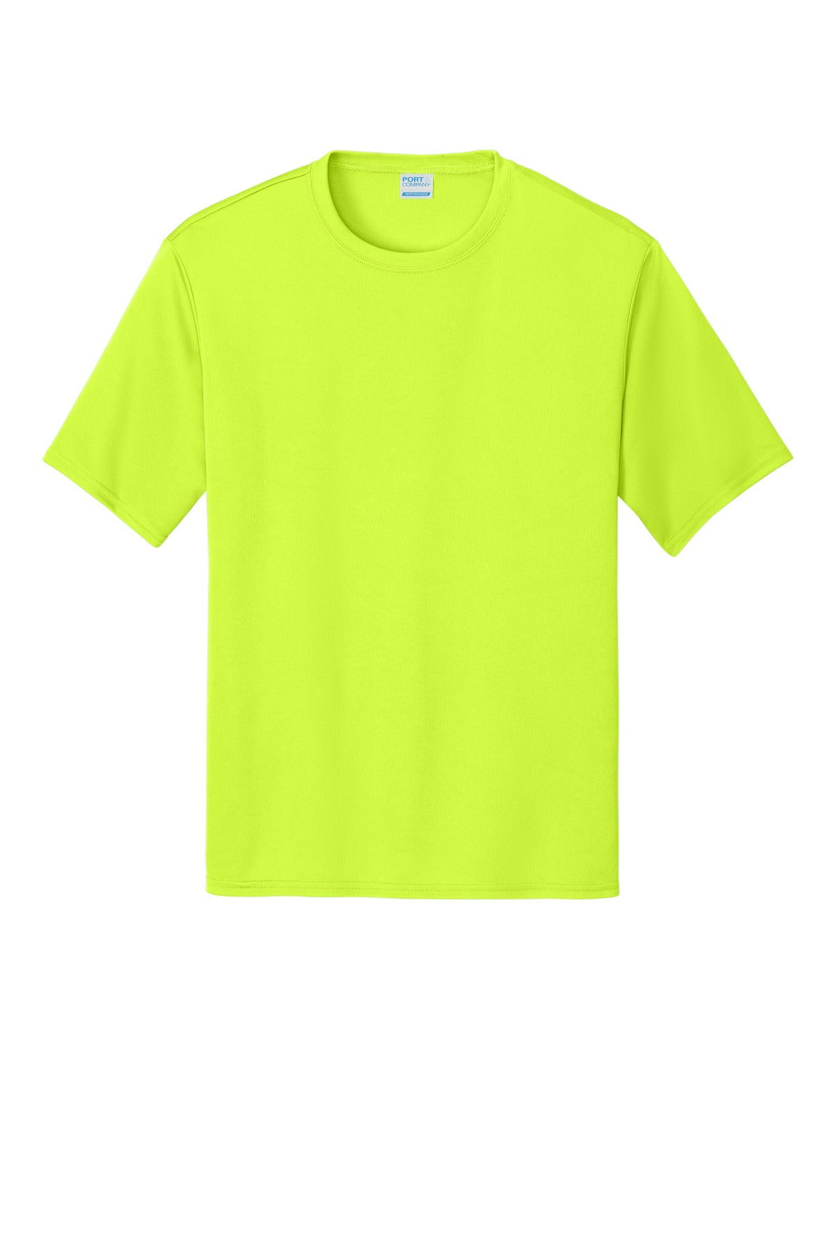 Front View of Neon Yellow Port & Co Performance Tee. PC380 plain