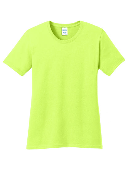 Front View of Neon Yellow Port & Co Women's Core Cotton Tee. LPC54 plain