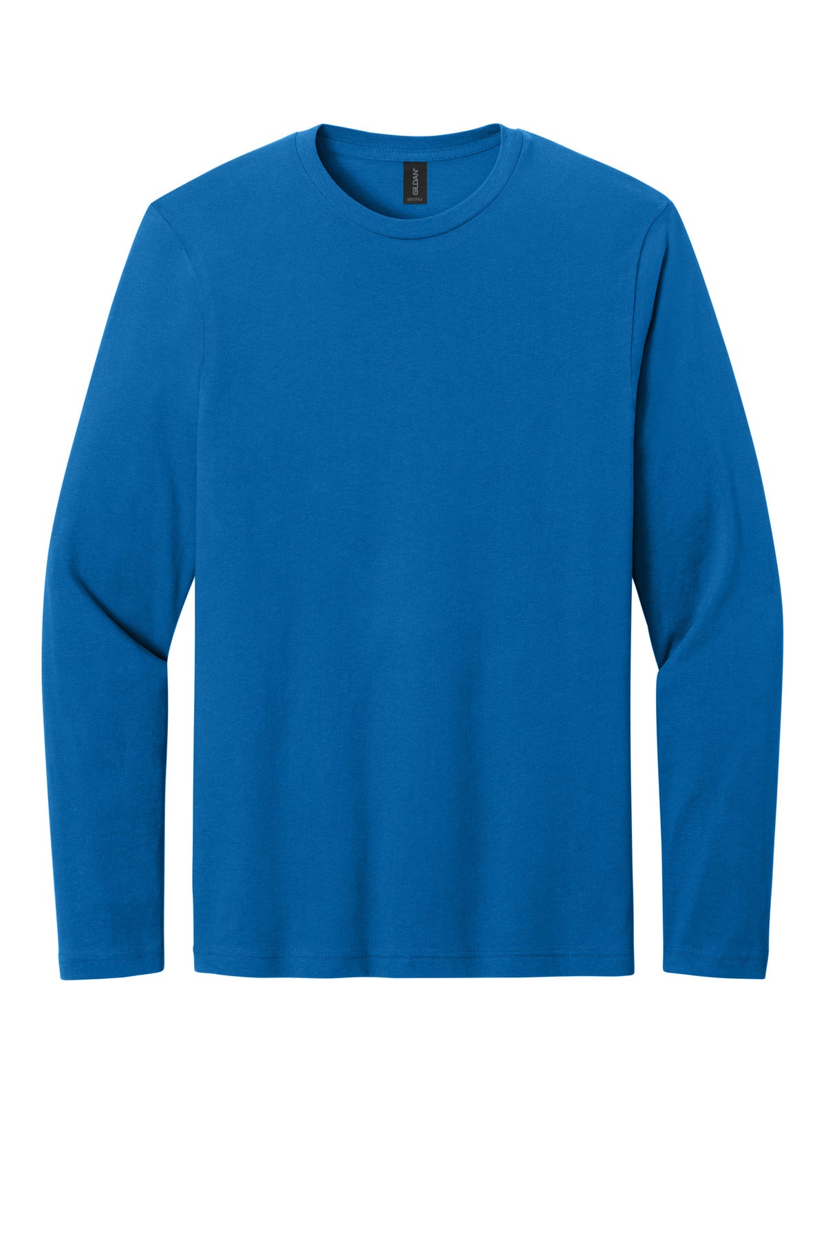 Front View of NeonBlue Gildan Softstyle Long Sleeve T-Shirt. 64400 plain
