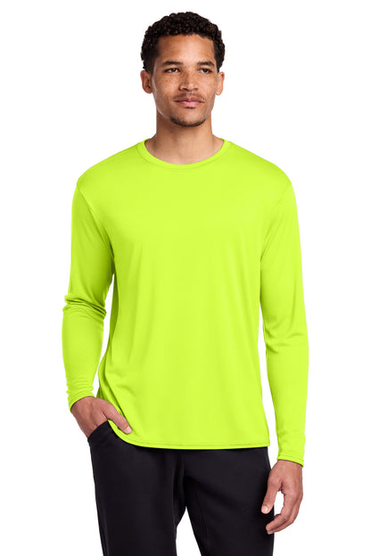Front View of NeonYellow Port & Co Long Sleeve Performance Tee. PC380LS plain