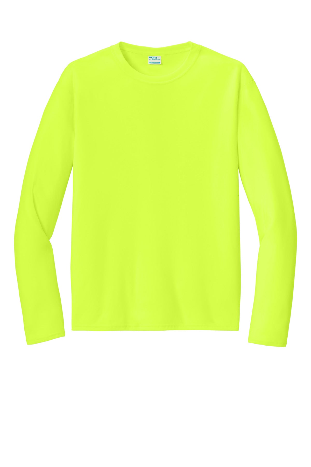Front View of NeonYellow Port & Co Long Sleeve Performance Tee. PC380LS plain