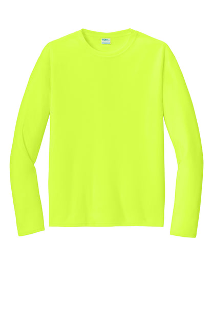 Front View of NeonYellow Port & Co Long Sleeve Performance Tee. PC380LS plain