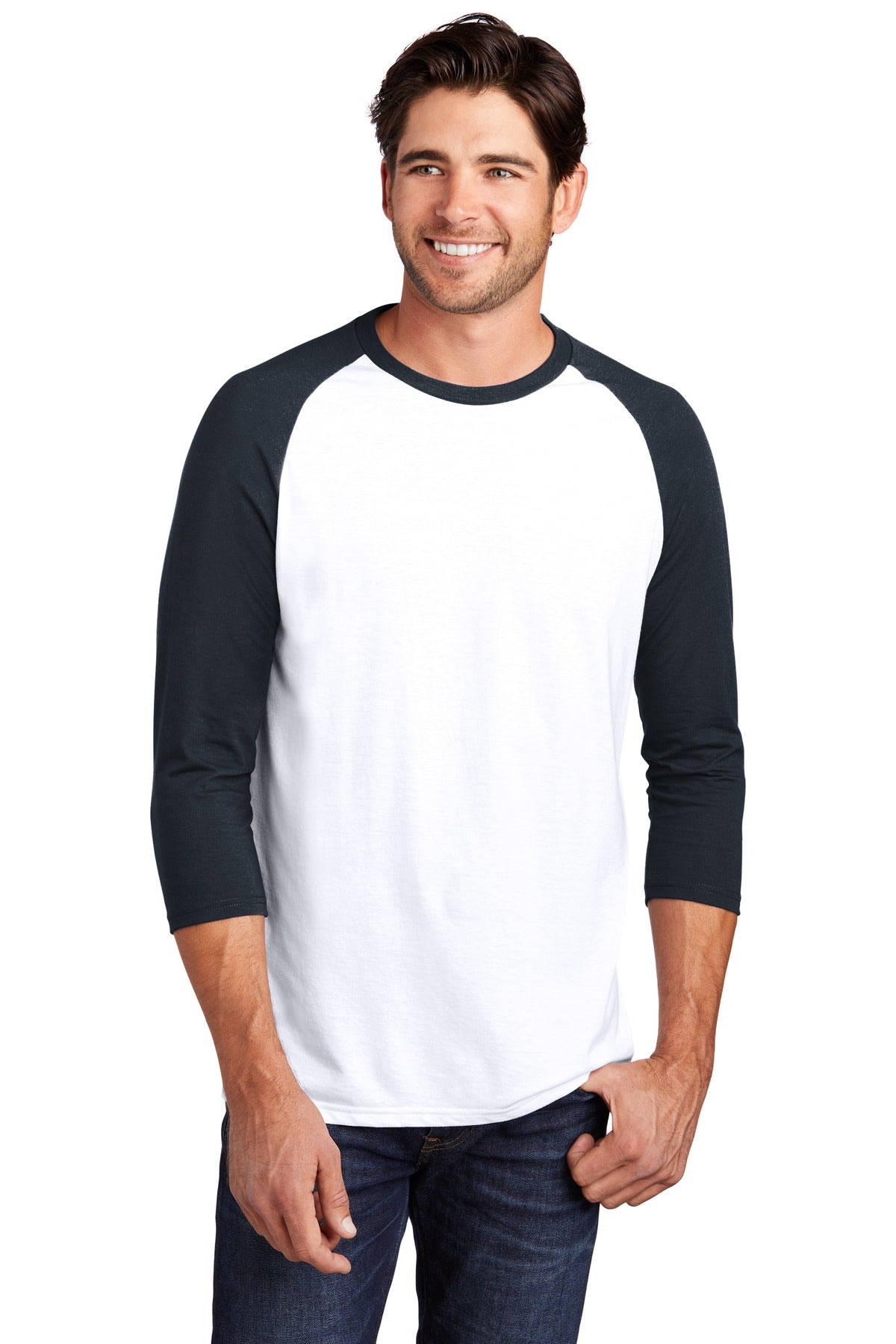 Front View of New Navy/White District Perfect Tri 3/4-Sleeve Raglan. DM136 plain