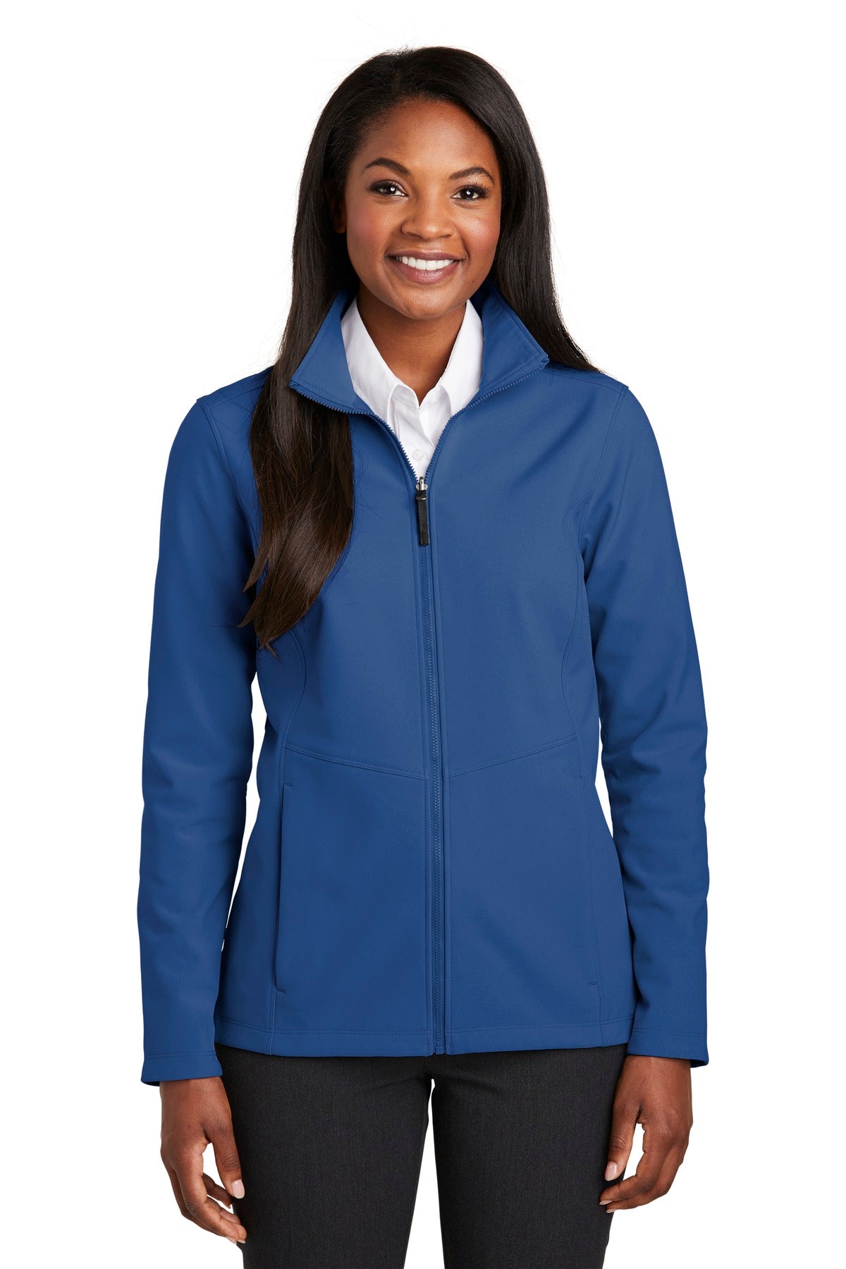 Front View of Night Sky Blue Port Authority Women's Collective Soft Shell Jacket. L901 plain