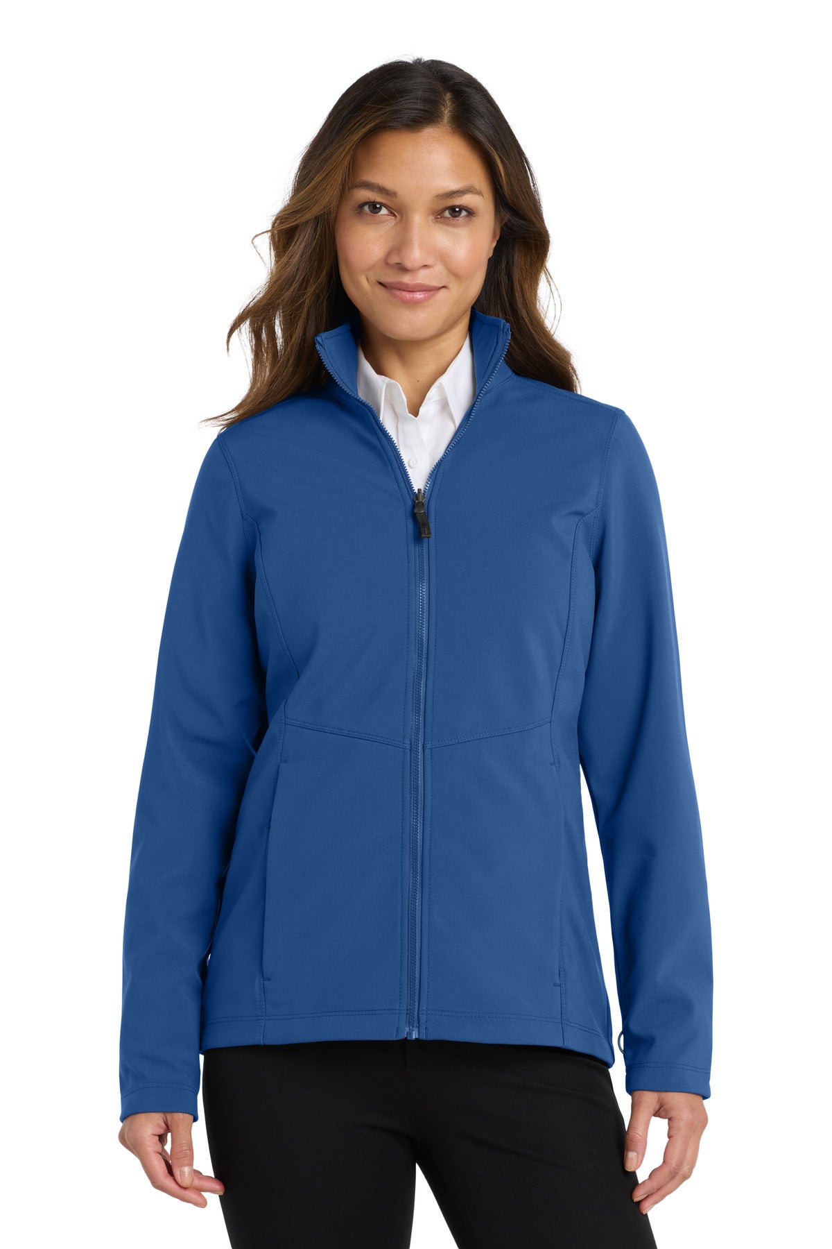 Front View of Night Sky Blue Port Authority Women's Collective Soft Shell Jacket. L901 plain