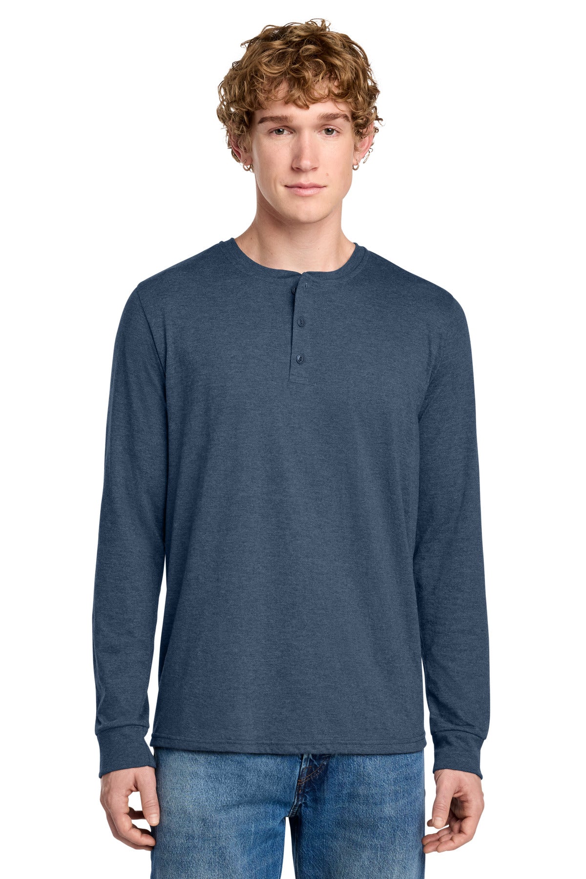 Front View of NvyFrost District Perfect Tri Long Sleeve Henley DT145 plain