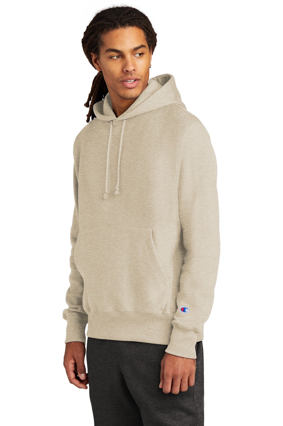 Front View of OatHthr Champion Reverse Weave Hooded Sweatshirt S101 plain