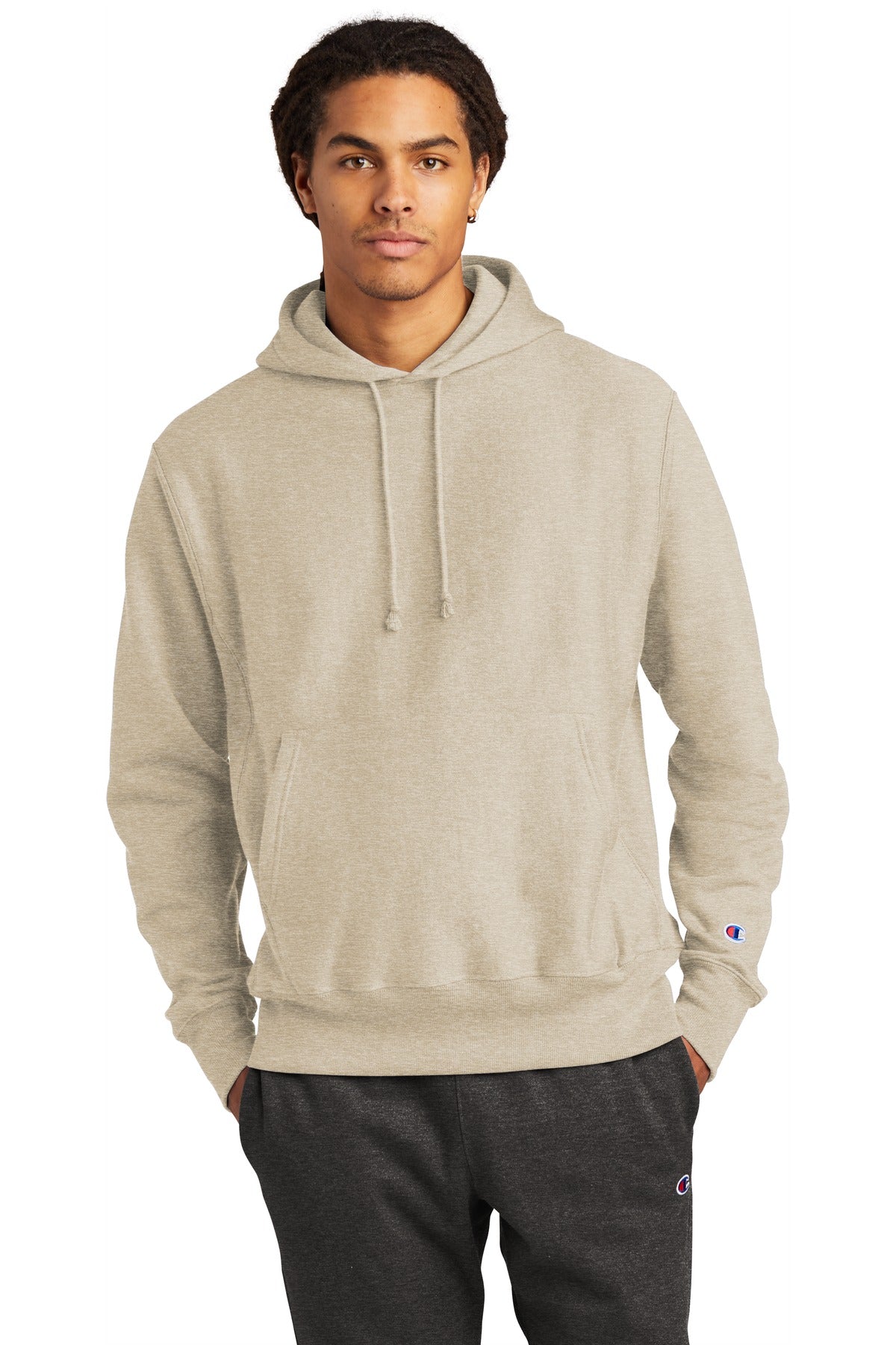 Front View of OatHthr Champion Reverse Weave Hooded Sweatshirt S101 plain