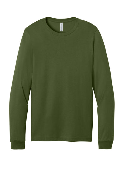 Front View of Olive BELLA+CANVAS Unisex Jersey Long Sleeve Tee. BC3501 plain