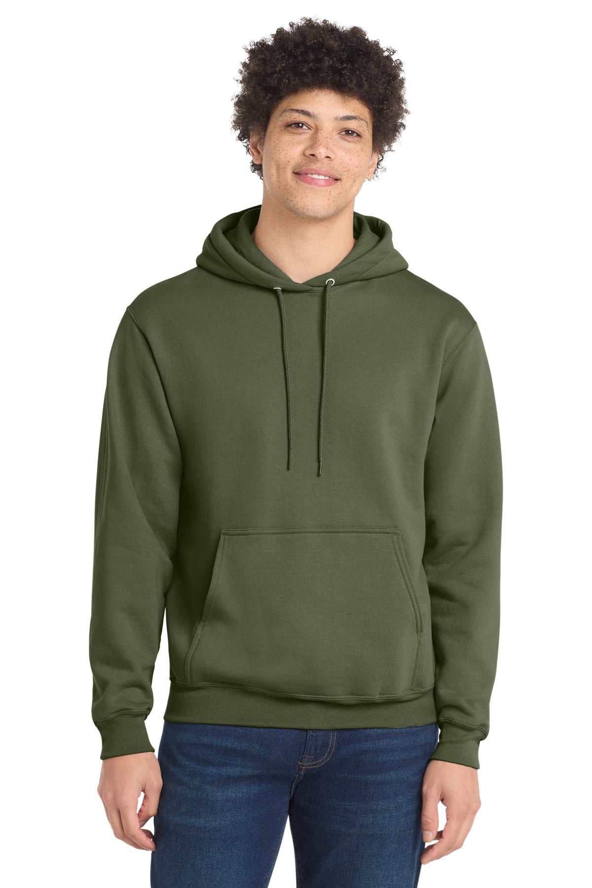 Front View of Olive Drab Grn Port & Co Core Fleece Pullover Hooded Sweatshirt. PC78H plain