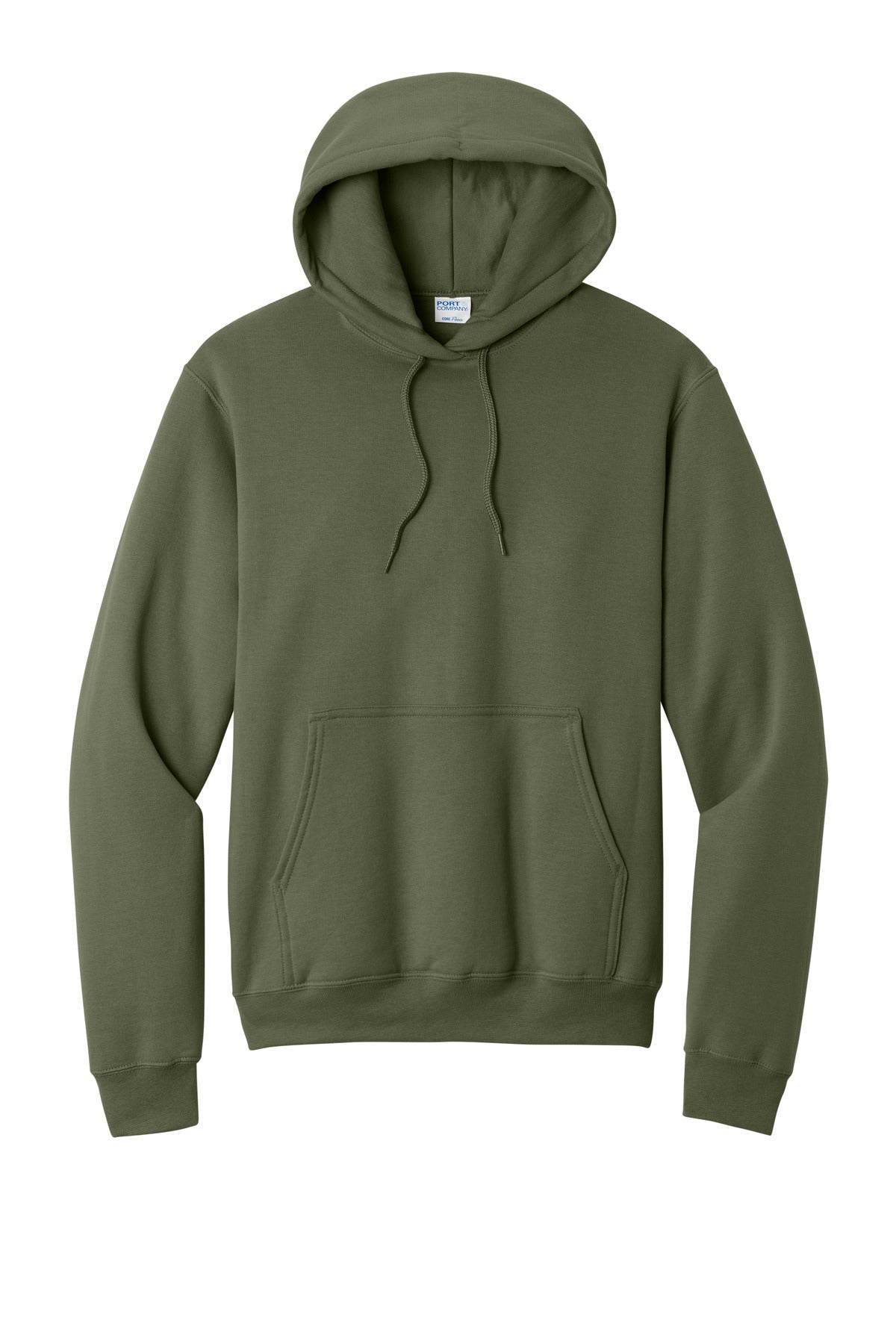 Front View of Olive Drab Grn Port & Co Core Fleece Pullover Hooded Sweatshirt. PC78H plain