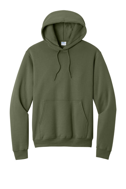 Front View of Olive Drab Grn Port & Co Core Fleece Pullover Hooded Sweatshirt. PC78H plain