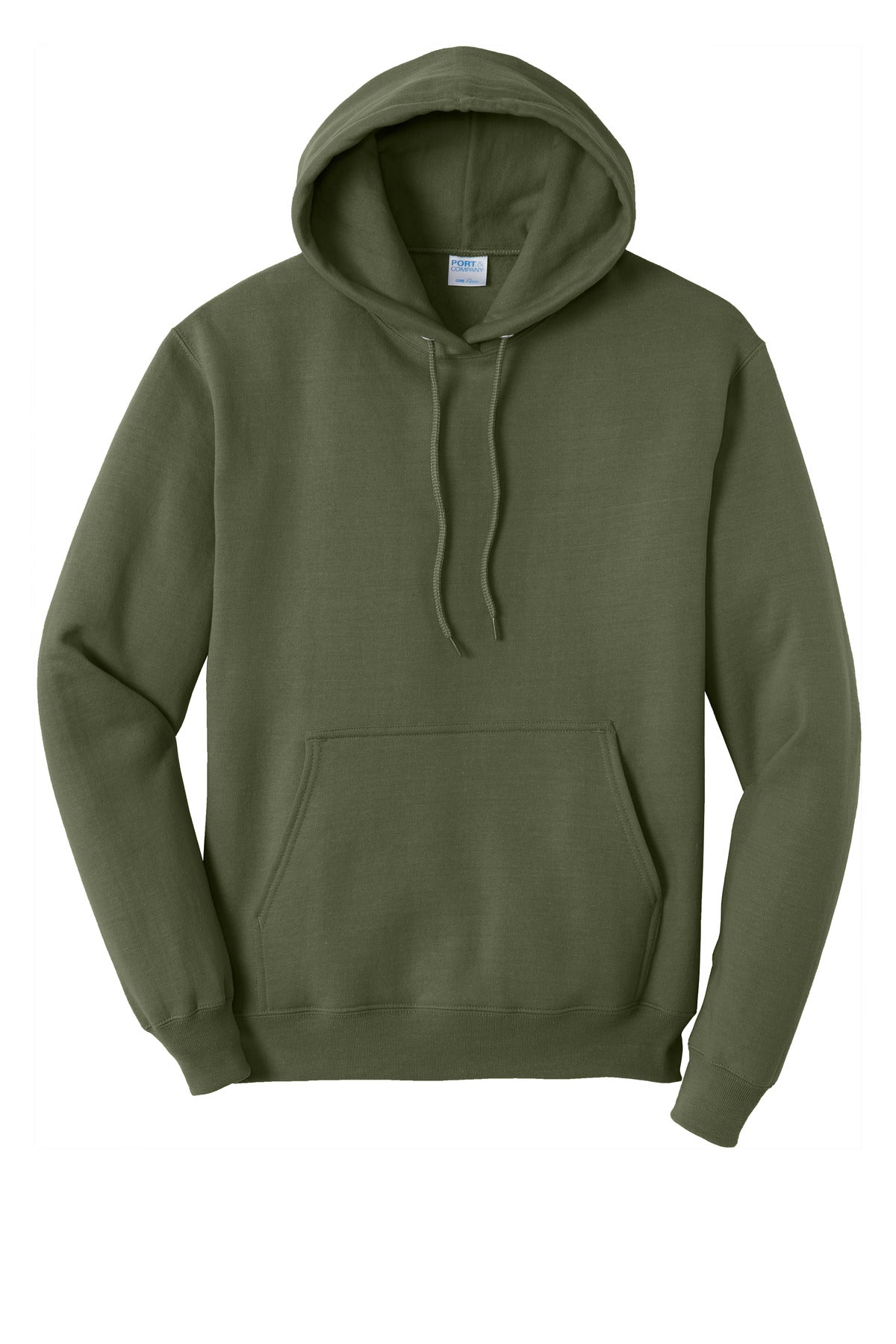 Front View of Olive Drab Grn Port & Co Core Fleece Pullover Hooded Sweatshirt. PC78H
