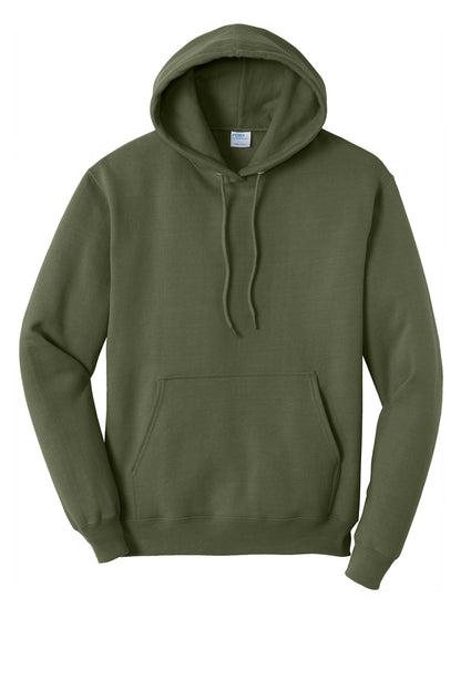 Front View of Olive Drab Grn Port & Co Core Fleece Pullover Hooded Sweatshirt. PC78H