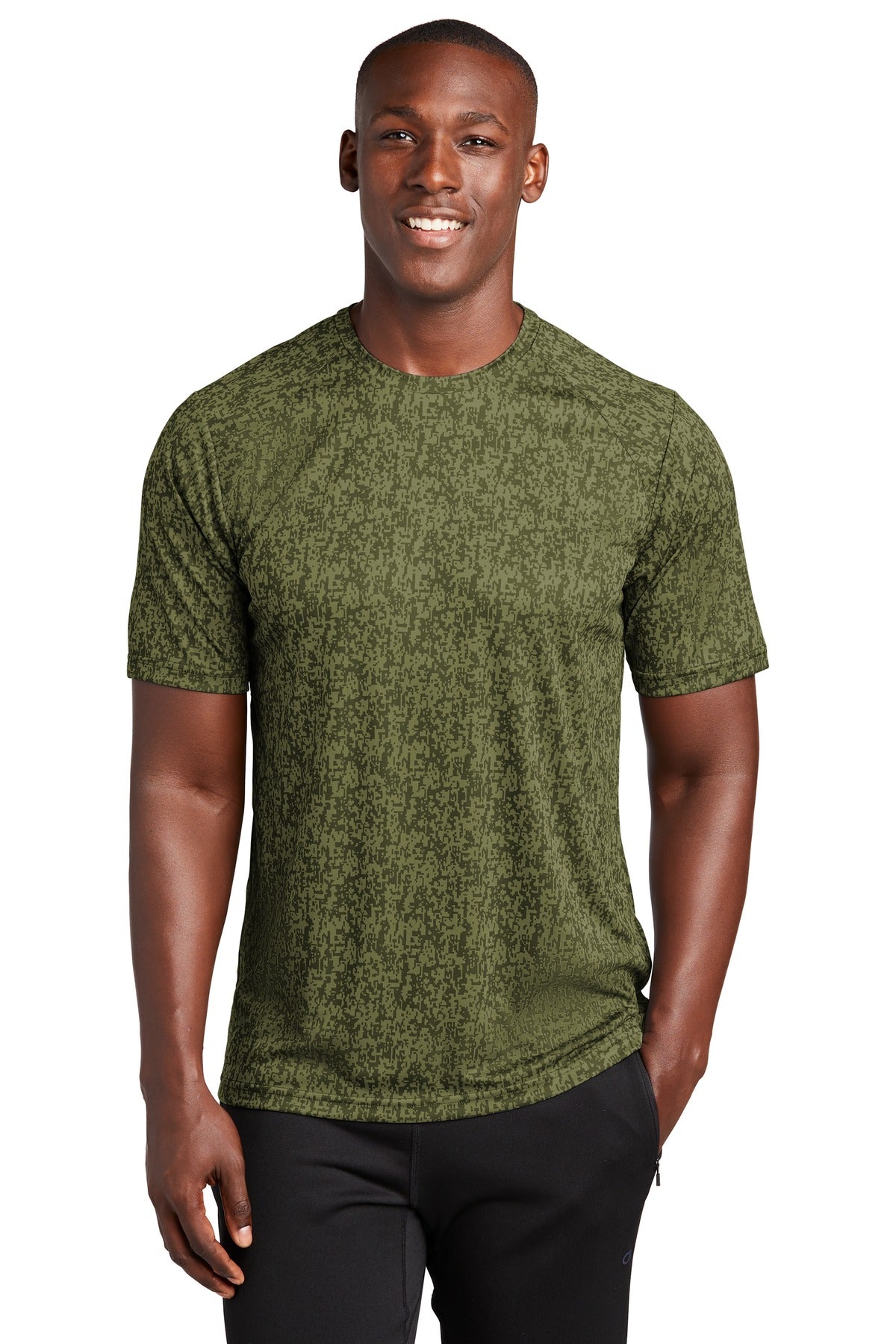 Front View of Olive Drab Grn Sport-Tek Digi Camo Tee. ST460 plain