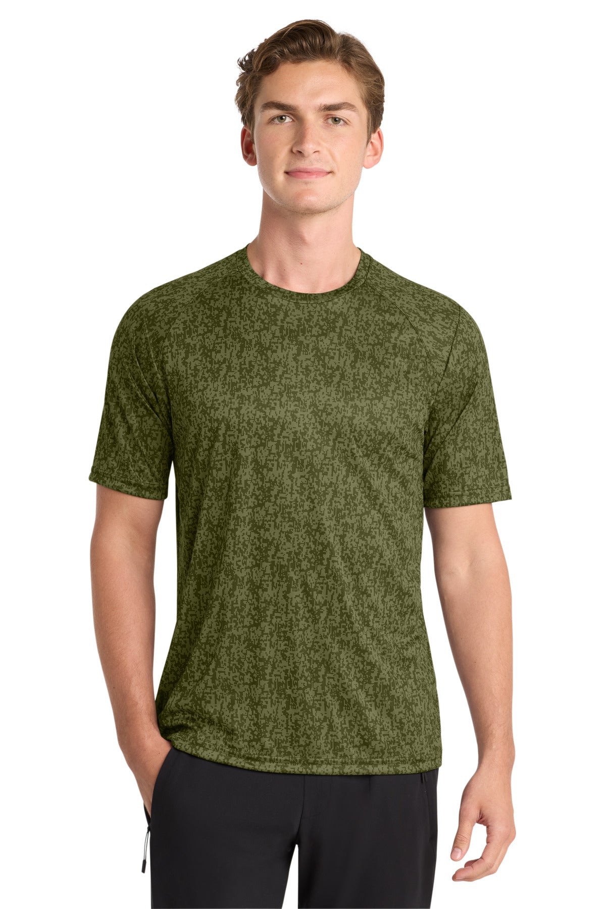 Front View of Olive Drab Grn Sport-Tek Digi Camo Tee. ST460 plain