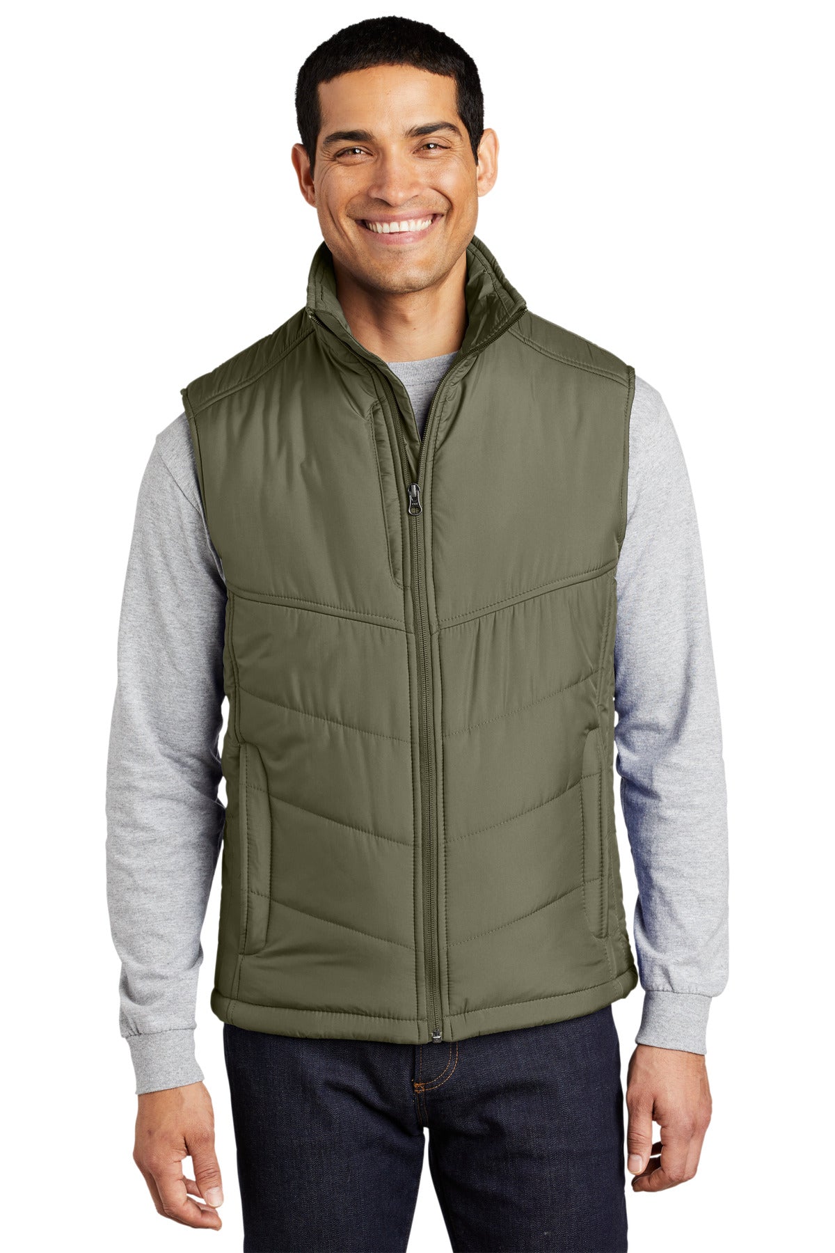 Front View of Olive Port Authority Puffy Vest. J709 plain