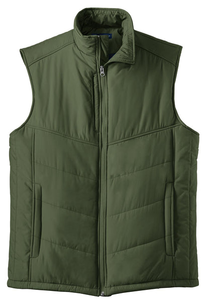 Front View of Olive Port Authority Puffy Vest. J709 plain