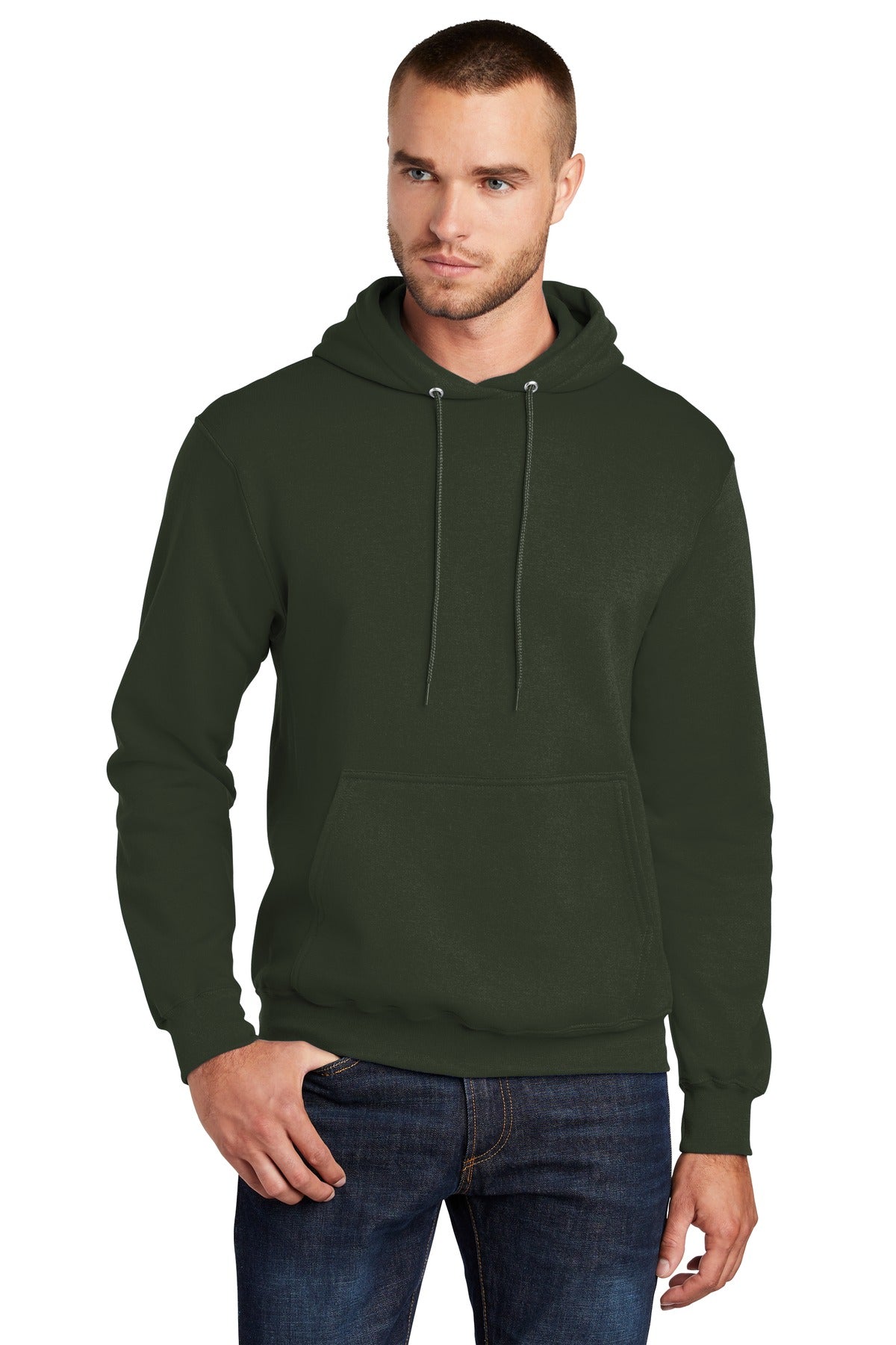 Front View of Olive Port & Co Core Fleece Pullover Hooded Sweatshirt. PC78H plain