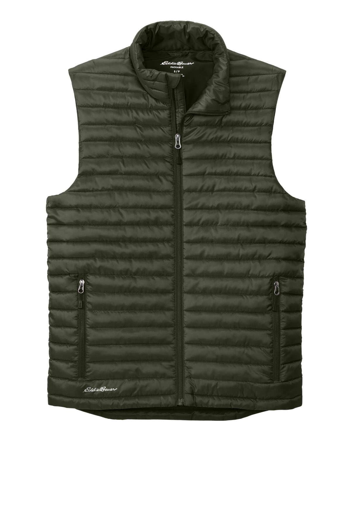 Front View of OliveGreen Eddie Bauer Packable Quilted Vest EB516 plain
