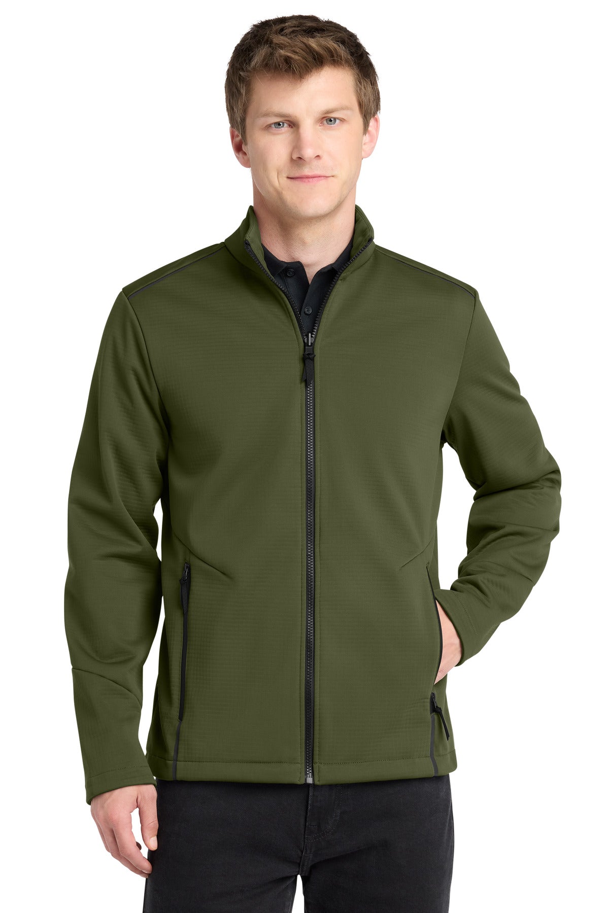 Front View of OliveGreen Port Authority Collective Tech Soft Shell Jacket J921 plain