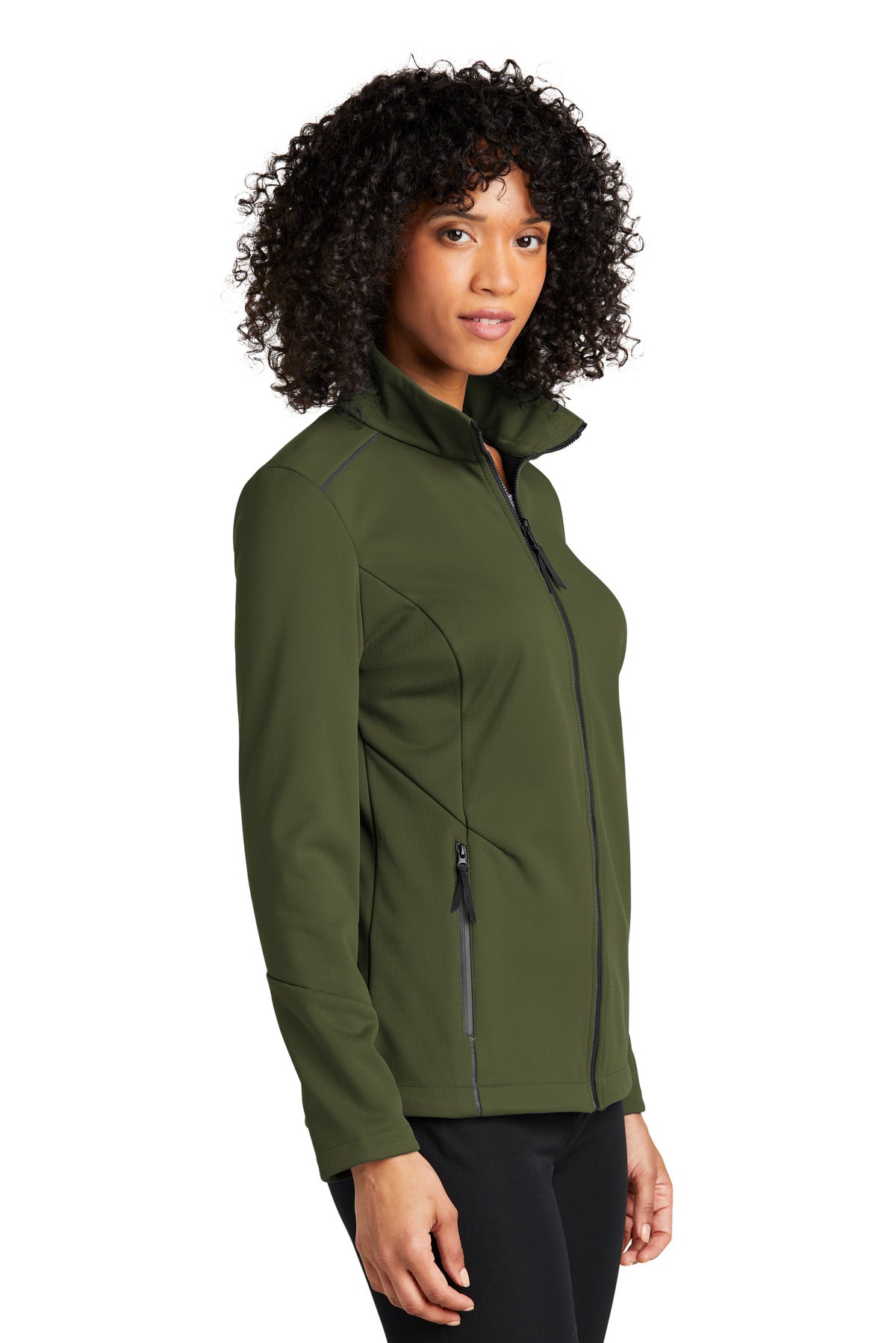 Front View of OliveGreen Port Authority Women's Collective Tech Soft Shell Jacket L921 plain