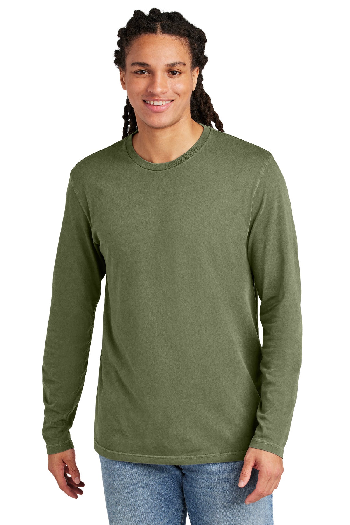 Front View of OlvDrabGn District Wash Long Sleeve Tee DT2103 plain