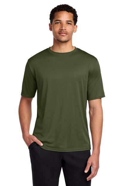 Front View of OlvDrabGn Port & Co Performance Tee. PC380 plain