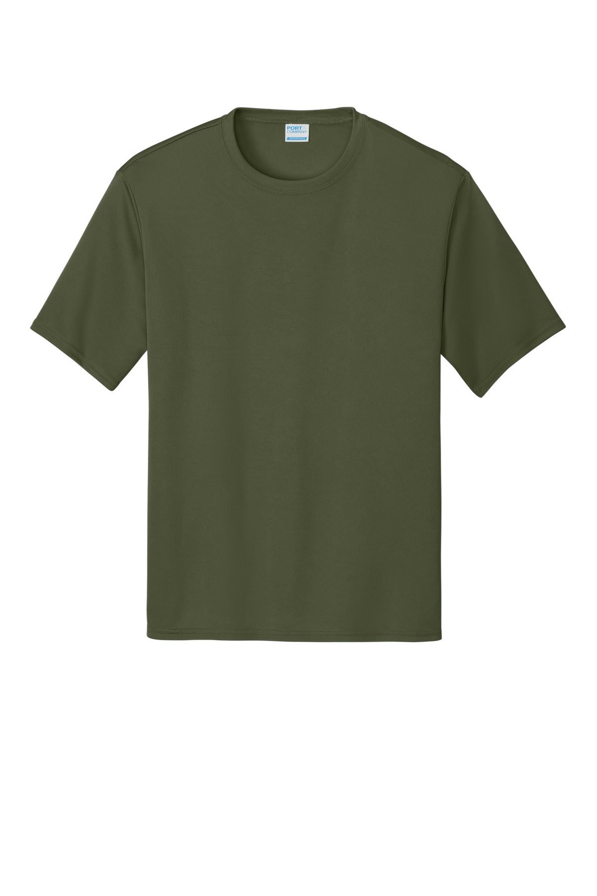 Front View of OlvDrabGn Port & Co Performance Tee. PC380 plain
