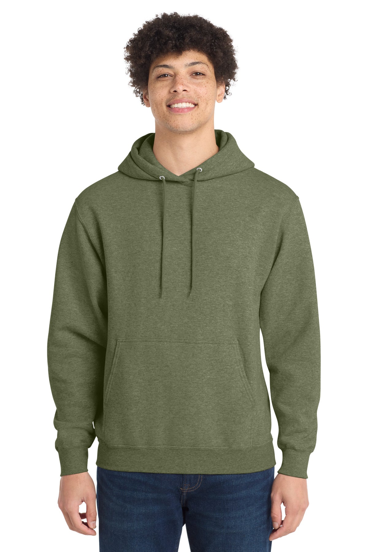 Front View of OlvDrabGnH Port & Co Core Fleece Pullover Hooded Sweatshirt. PC78H plain
