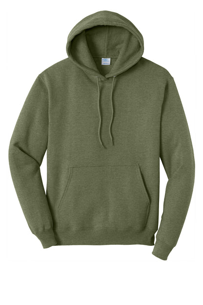 Front View of OlvDrabGnH Port & Co Core Fleece Pullover Hooded Sweatshirt. PC78H