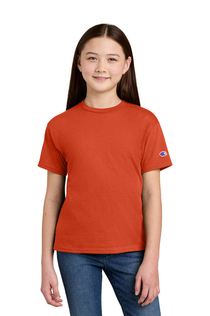 Front View of Orange Champion Youth Jersey Short Sleeve Tee CH1081 plain
