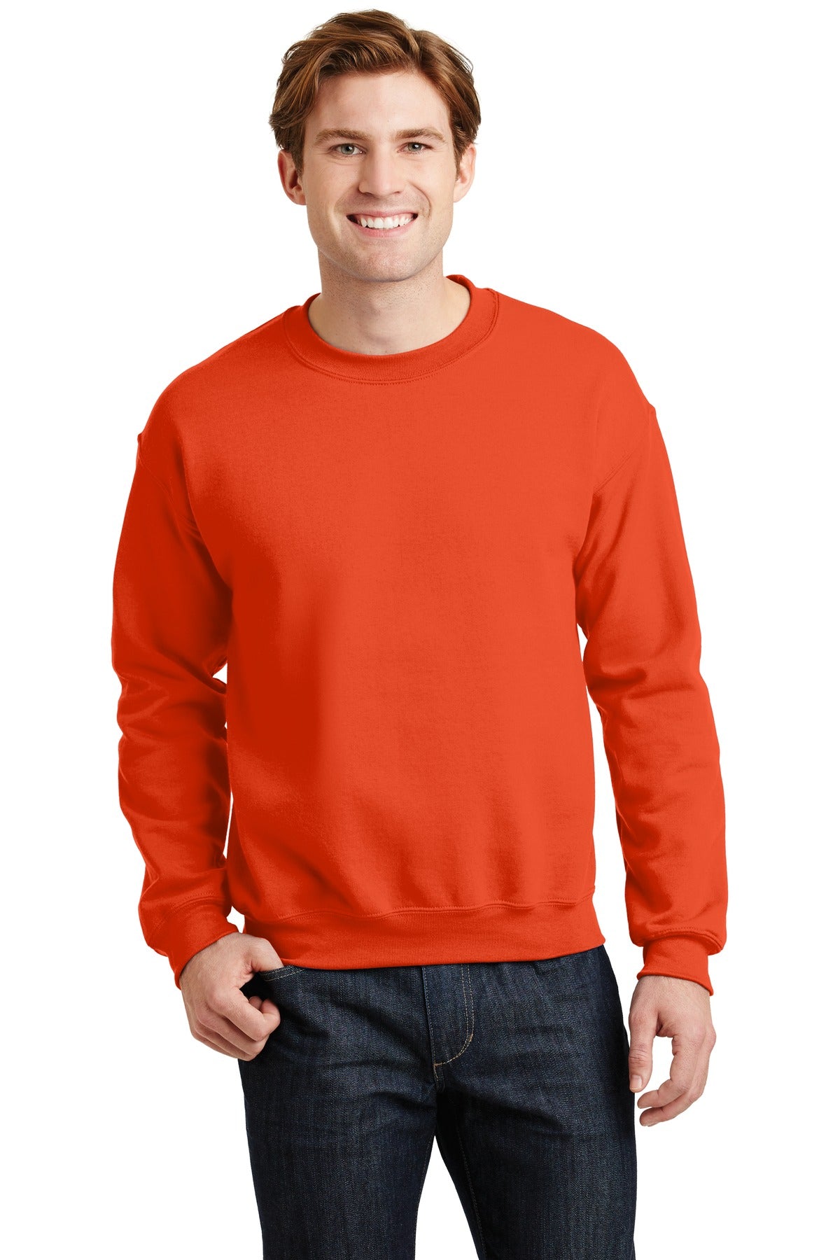 Front View of Orange Gildan Heavy Blend Crewneck Sweatshirt. 18000 plain