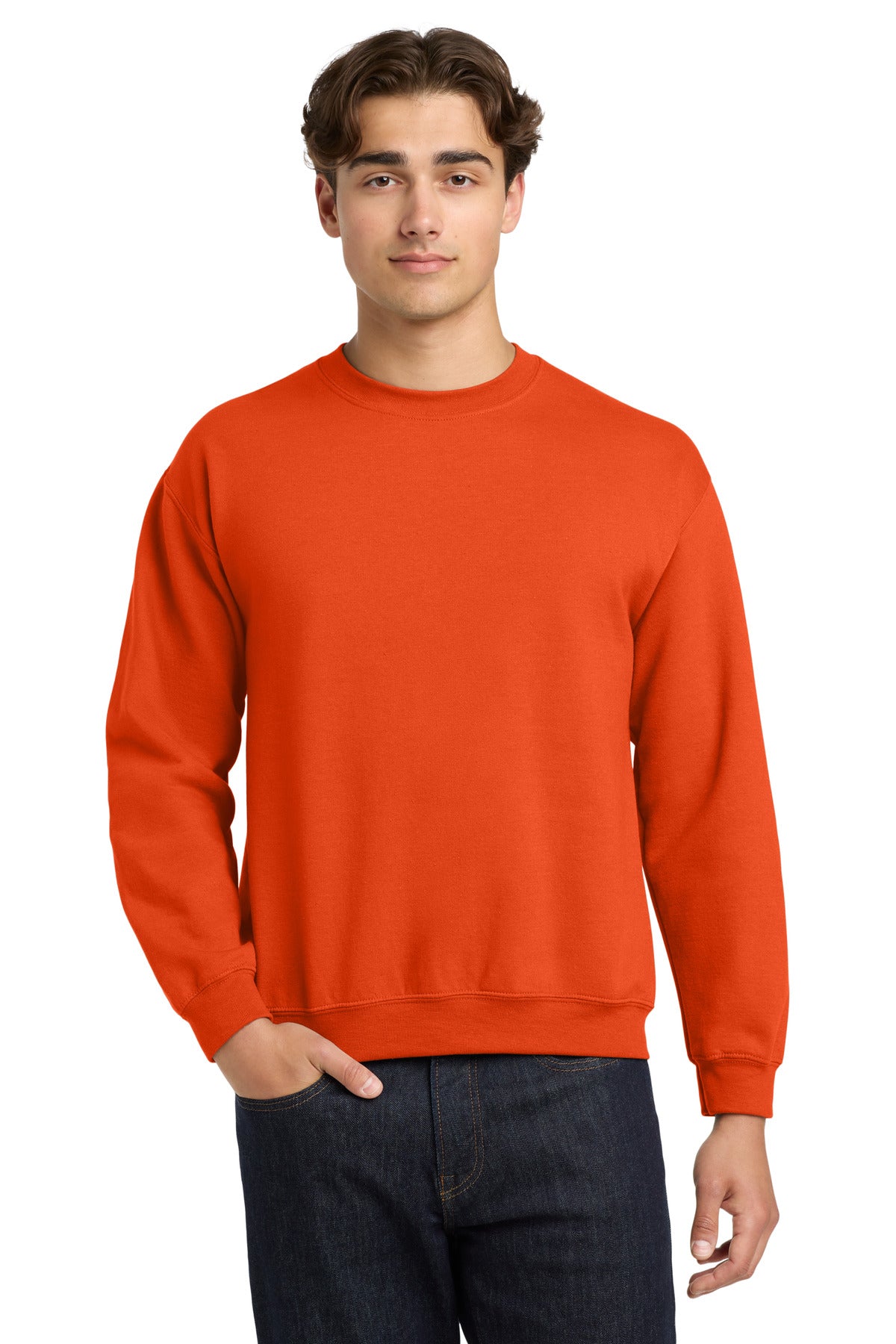 Front View of Orange Gildan Heavy Blend Crewneck Sweatshirt. 18000 plain