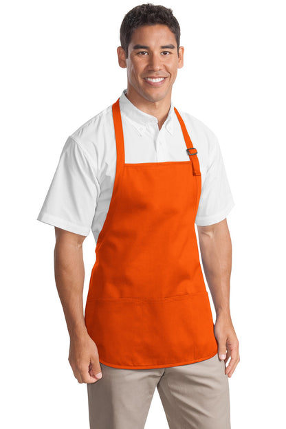 Front View of Orange Port Authority Medium-Length Apron with Pouch Pockets. A510 plain