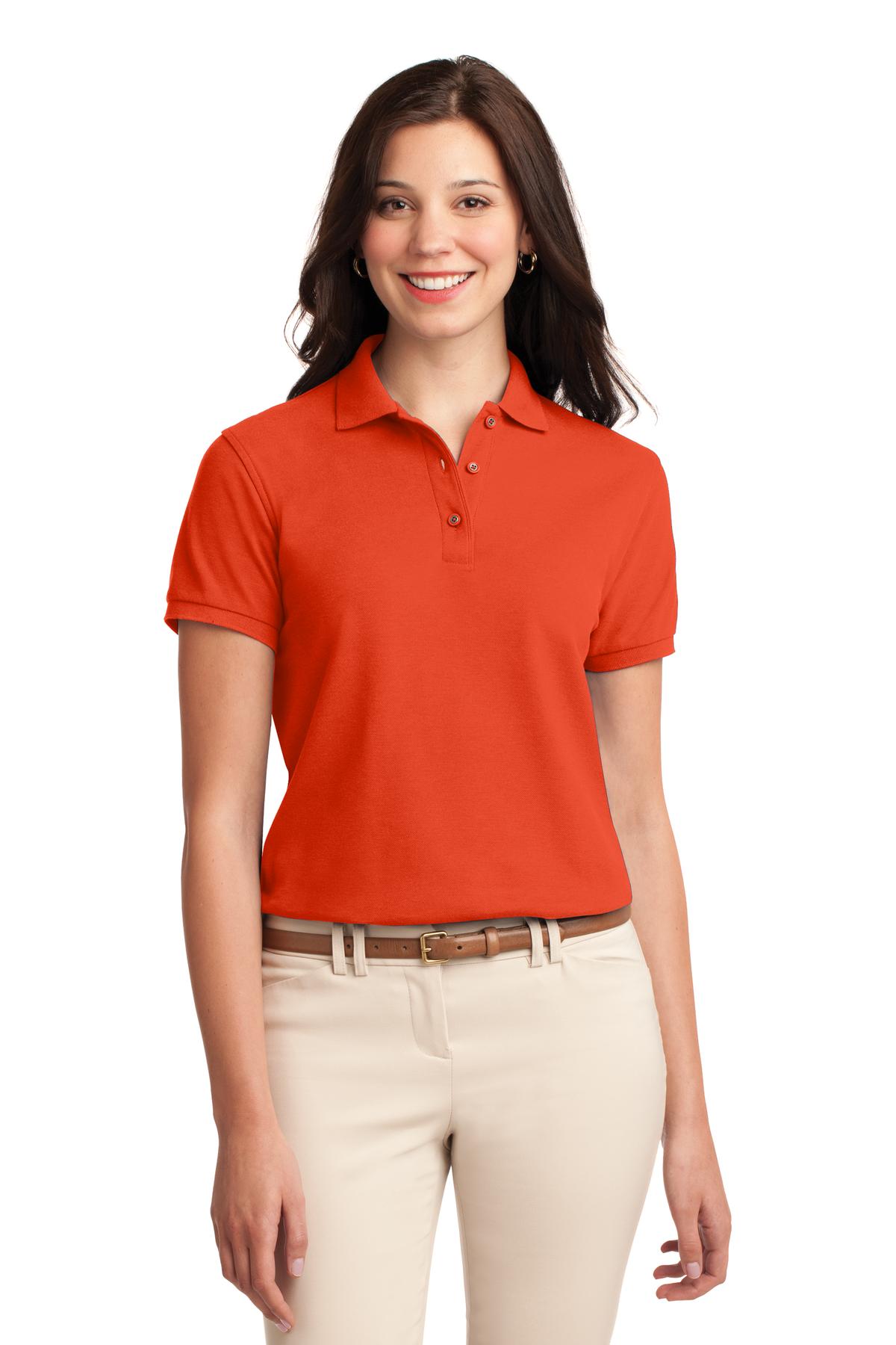 Front View of Orange Port Authority Women's Silk Touch Polo. L500 plain