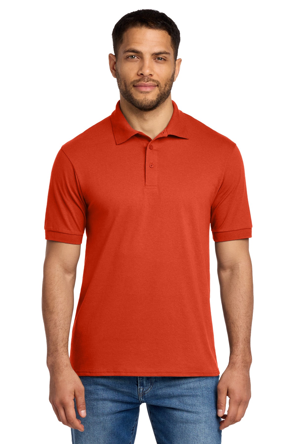 Front View of Orange Port & Co Core Blend Jersey Knit Polo. KP55 plain