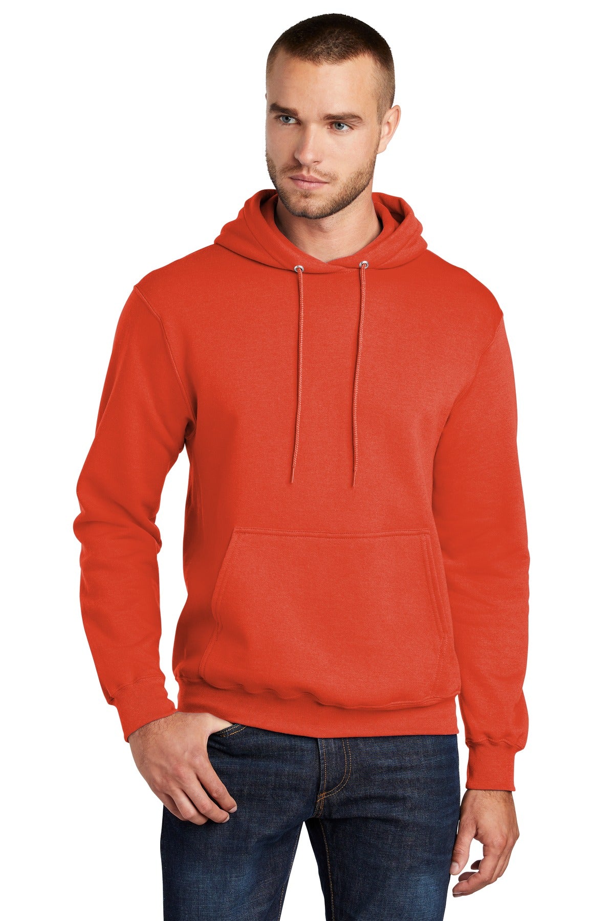 Front View of Orange Port & Co Core Fleece Pullover Hooded Sweatshirt. PC78H plain