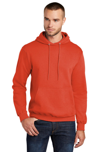 Front View of Orange Port & Co Core Fleece Pullover Hooded Sweatshirt. PC78H plain