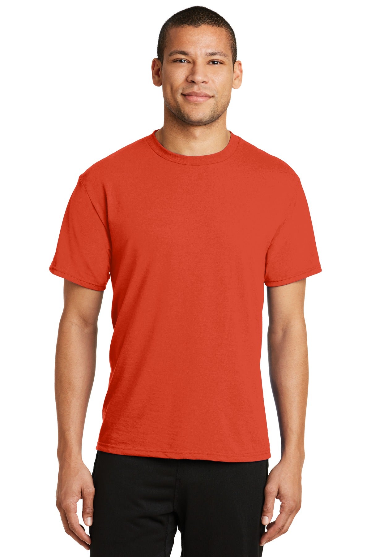 Front View of Orange Port & Co Performance Blend Tee. PC381 plain