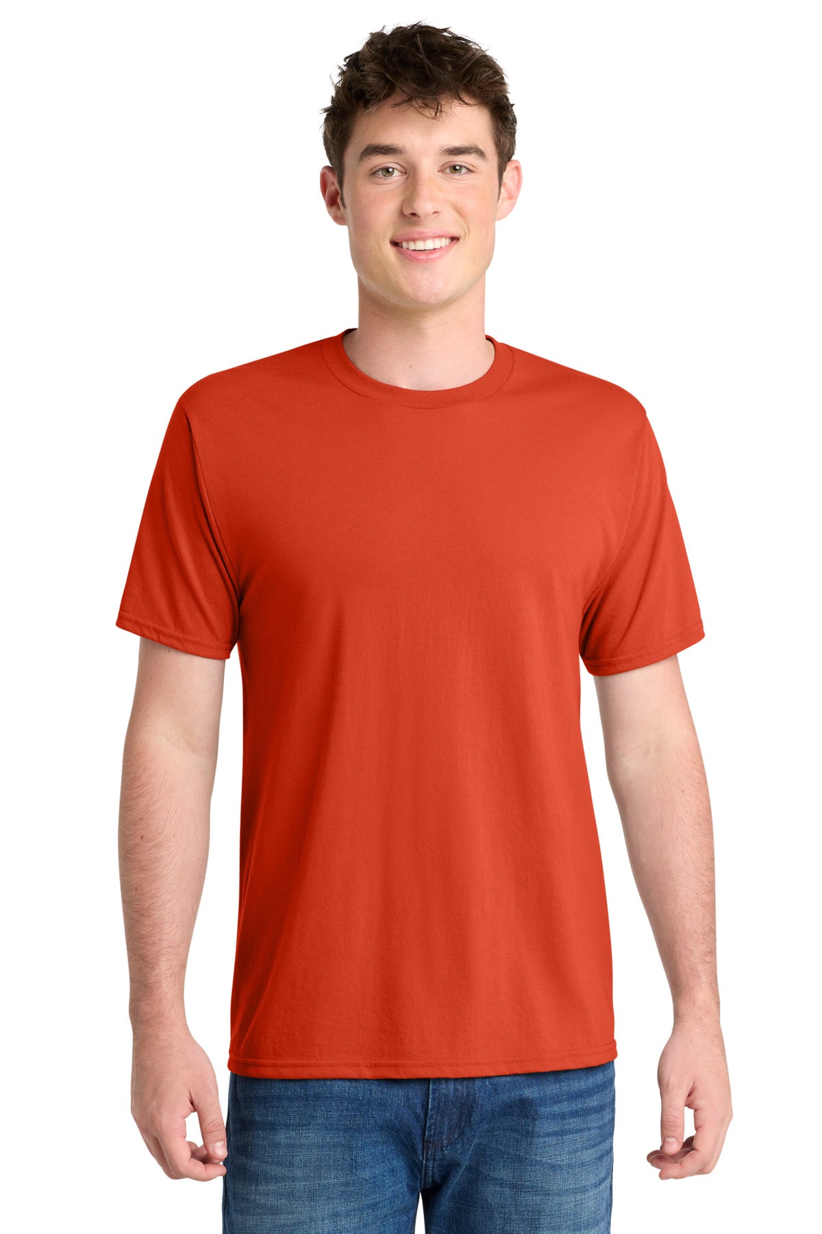 Front View of Orange Port & Co Performance Blend Tee. PC381 plain