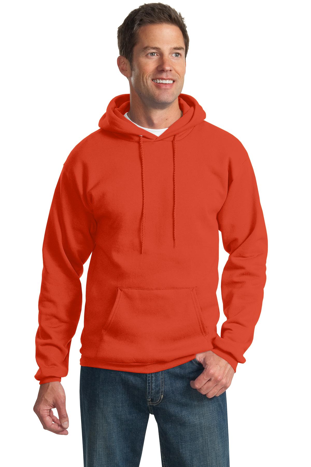 Front View of Orange Port & Co Tall Essential Fleece Pullover Hooded Sweatshirt. PC90HT plain